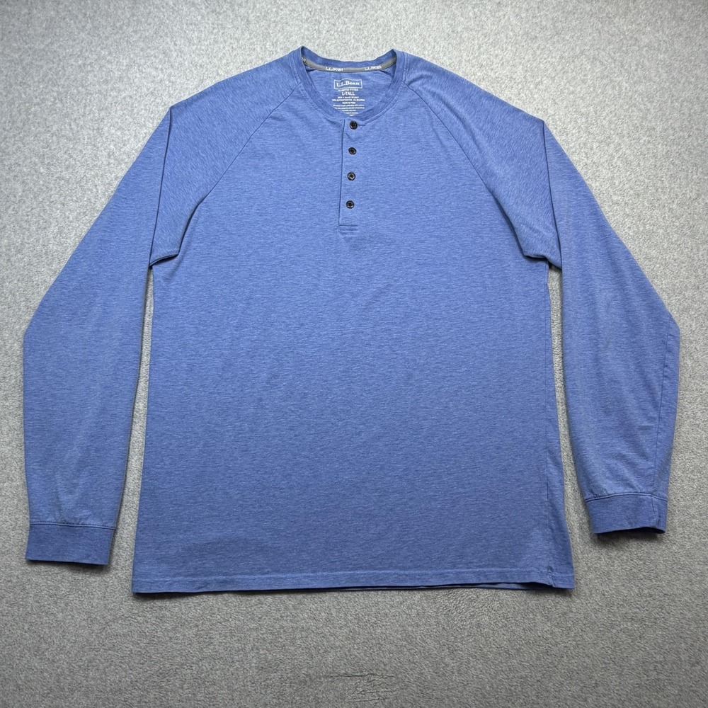 LL Bean Comfort Stretch Pima Henley Shirt Mens LT Blue Long Sleeve Casual Soft
